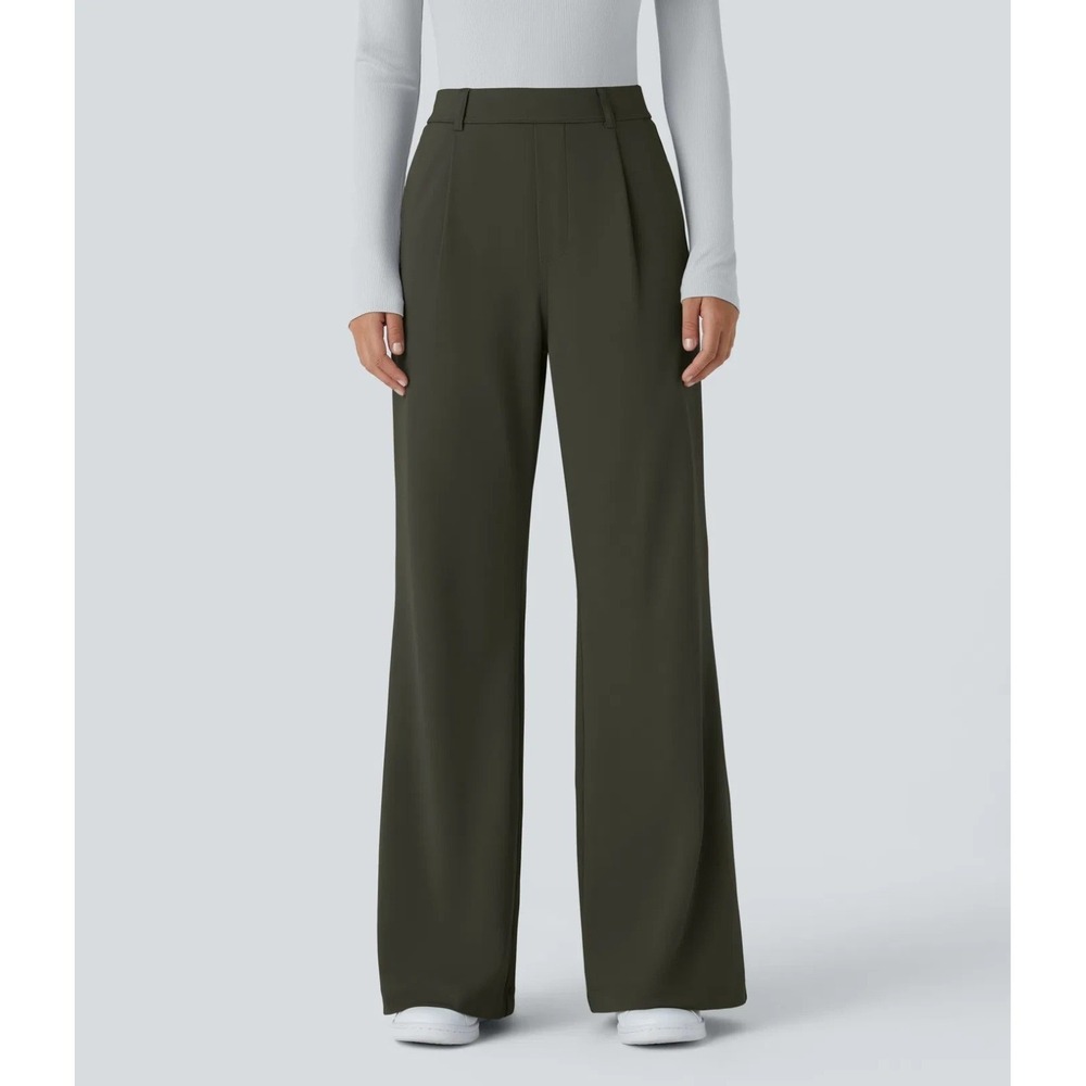 Halara Flex DayStretch High Waisted Pocket Work Flare Pants Forest M Reg Wide Lg